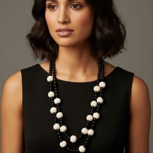 J. Crew Black and Cream Beaded Pom Pom Necklace